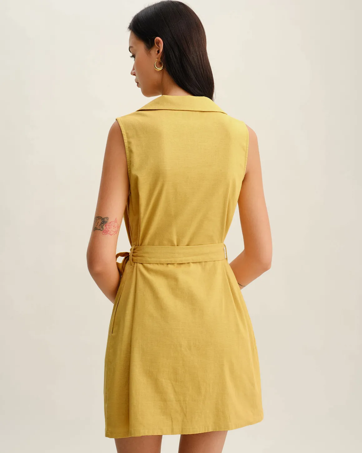Yellow Tie Waist Sleeveless Mini Dress