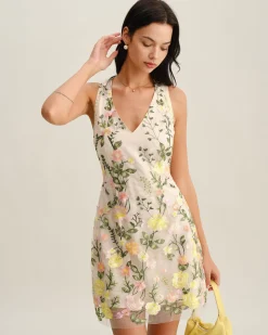Yellow V Neck Floral Sleeveless Mini Dress