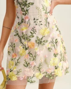 Yellow V Neck Floral Sleeveless Mini Dress
