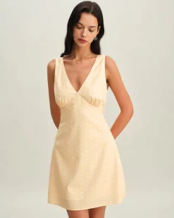 Yellow V Neck Polka Dot Sleeveless Mini Dress