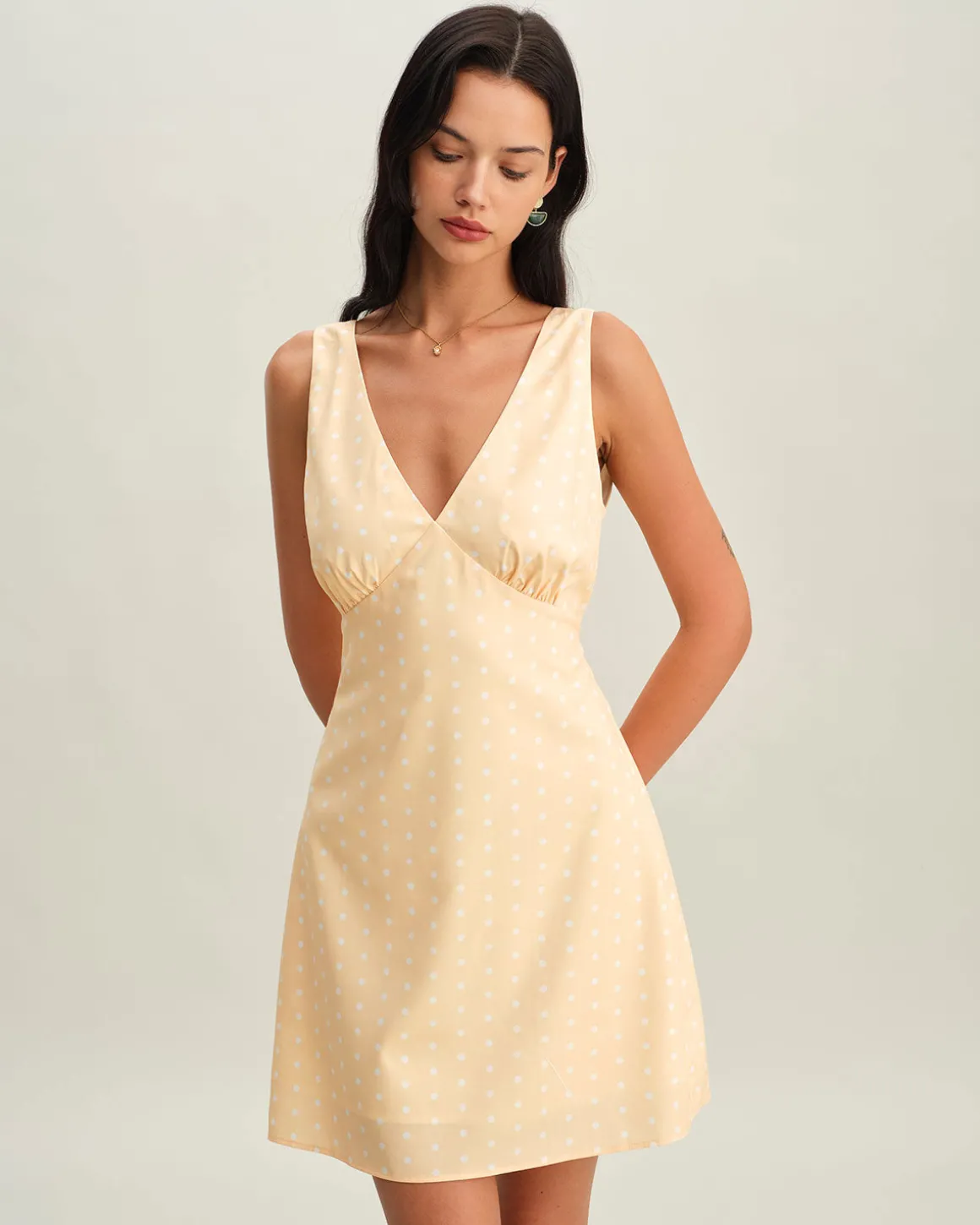 Yellow V Neck Polka Dot Sleeveless Mini Dress