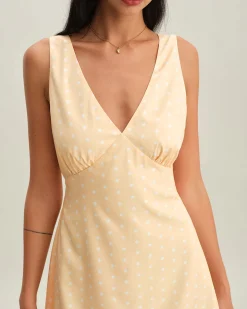 Yellow V Neck Polka Dot Sleeveless Mini Dress