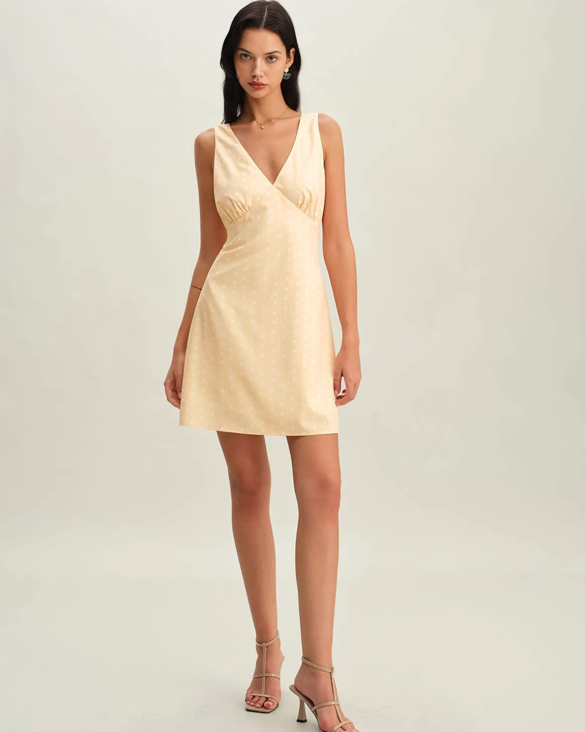 Yellow V Neck Polka Dot Sleeveless Mini Dress