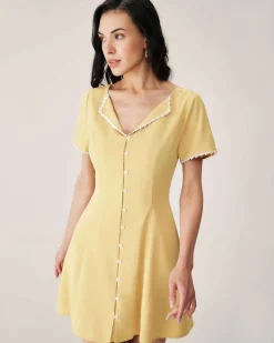 Yellow V-neck Button Mini Dress