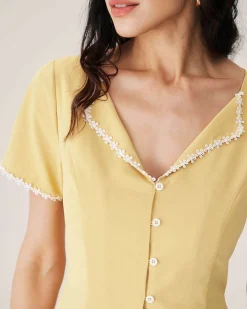 Yellow V-neck Button Mini Dress