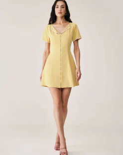 Yellow V-neck Button Mini Dress